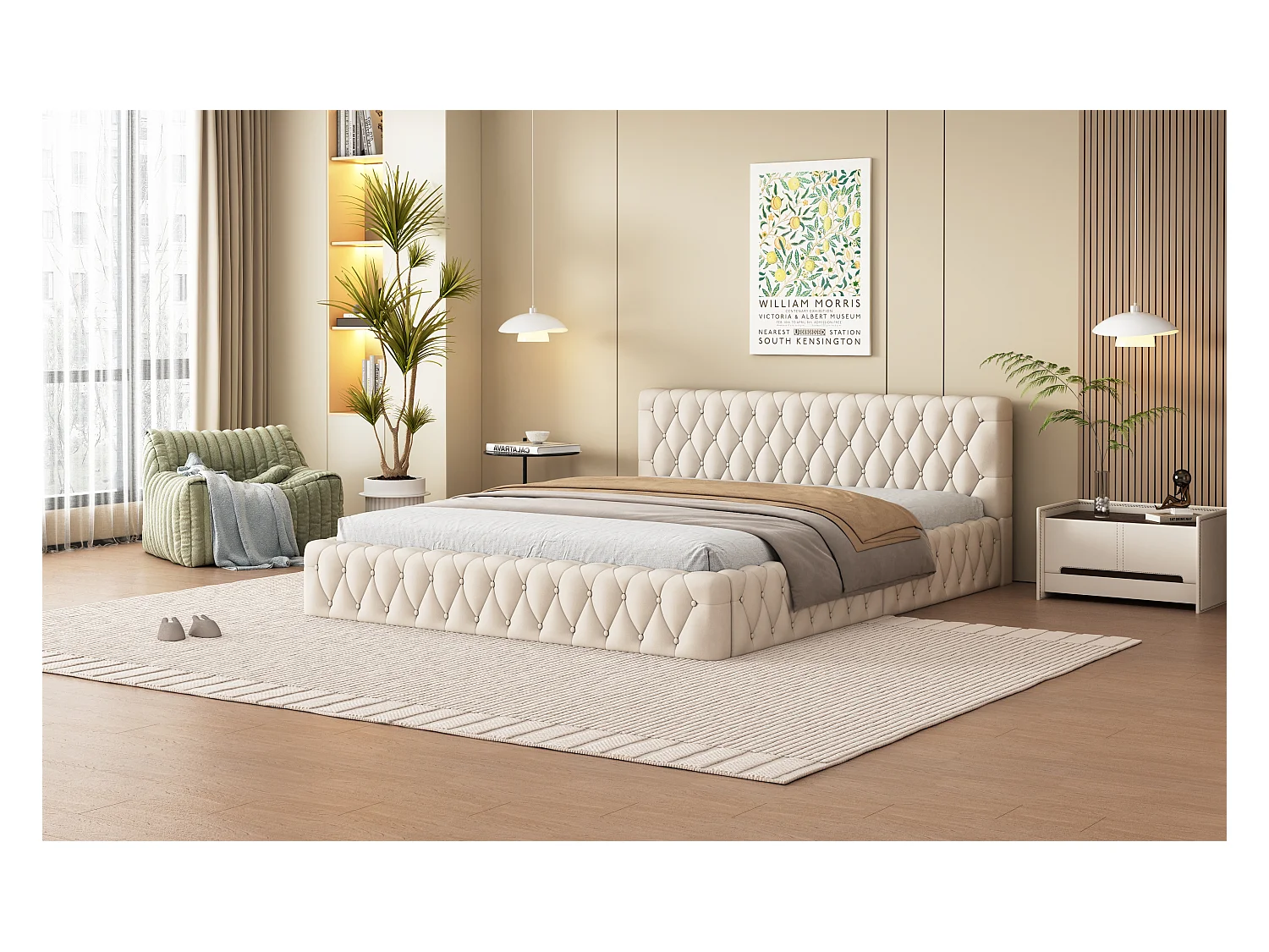 Lit double tapissé jeunesse 140x200 cm, velours beige, design élégant et confortable (216x152x61 cm)