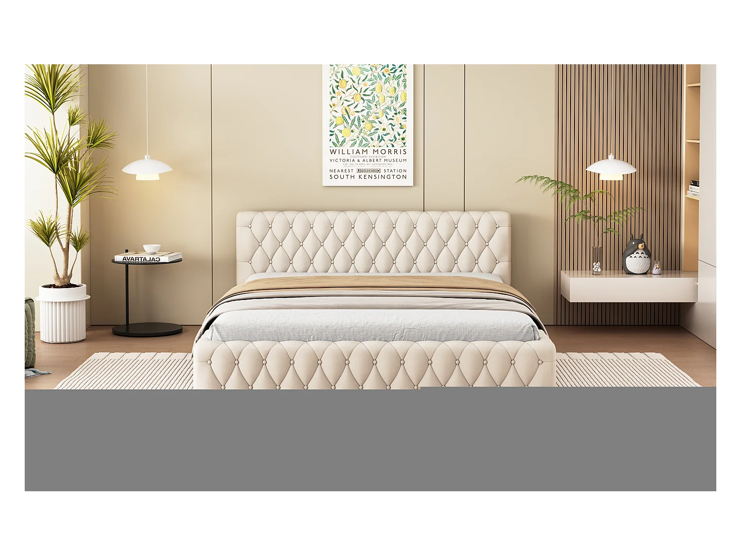 Lit double tapissé jeunesse 140x200 cm, velours beige, design élégant et confortable (216x152x61 cm)