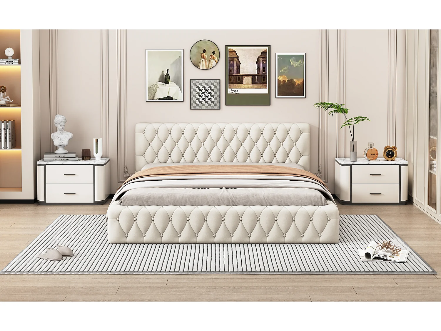 Lit double tapissé jeunesse 140x200 cm, velours beige, design élégant et confortable (216x152x61 cm)