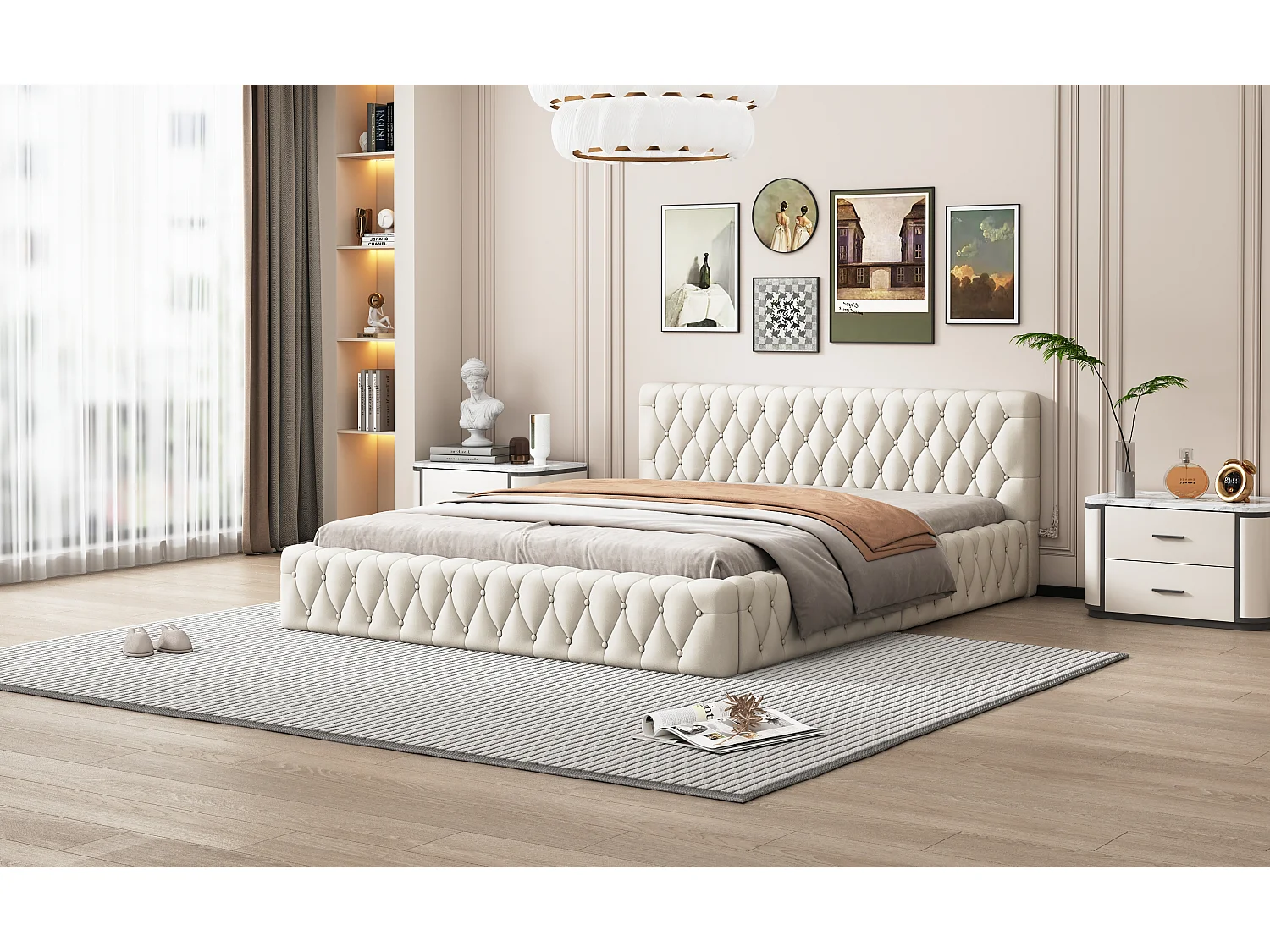 Lit double tapissé jeunesse 140x200 cm, velours beige, design élégant et confortable (216x152x61 cm)