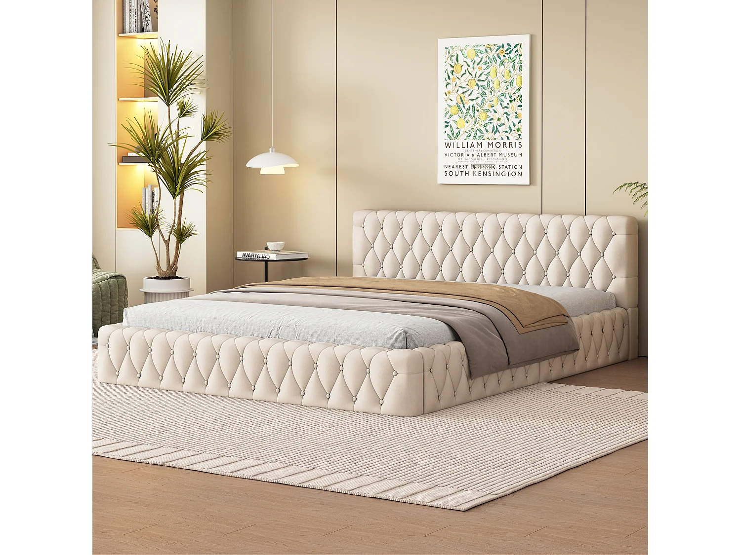 Lit double tapissé jeunesse 140x200 cm, velours beige, design élégant et confortable (216x152x61 cm)