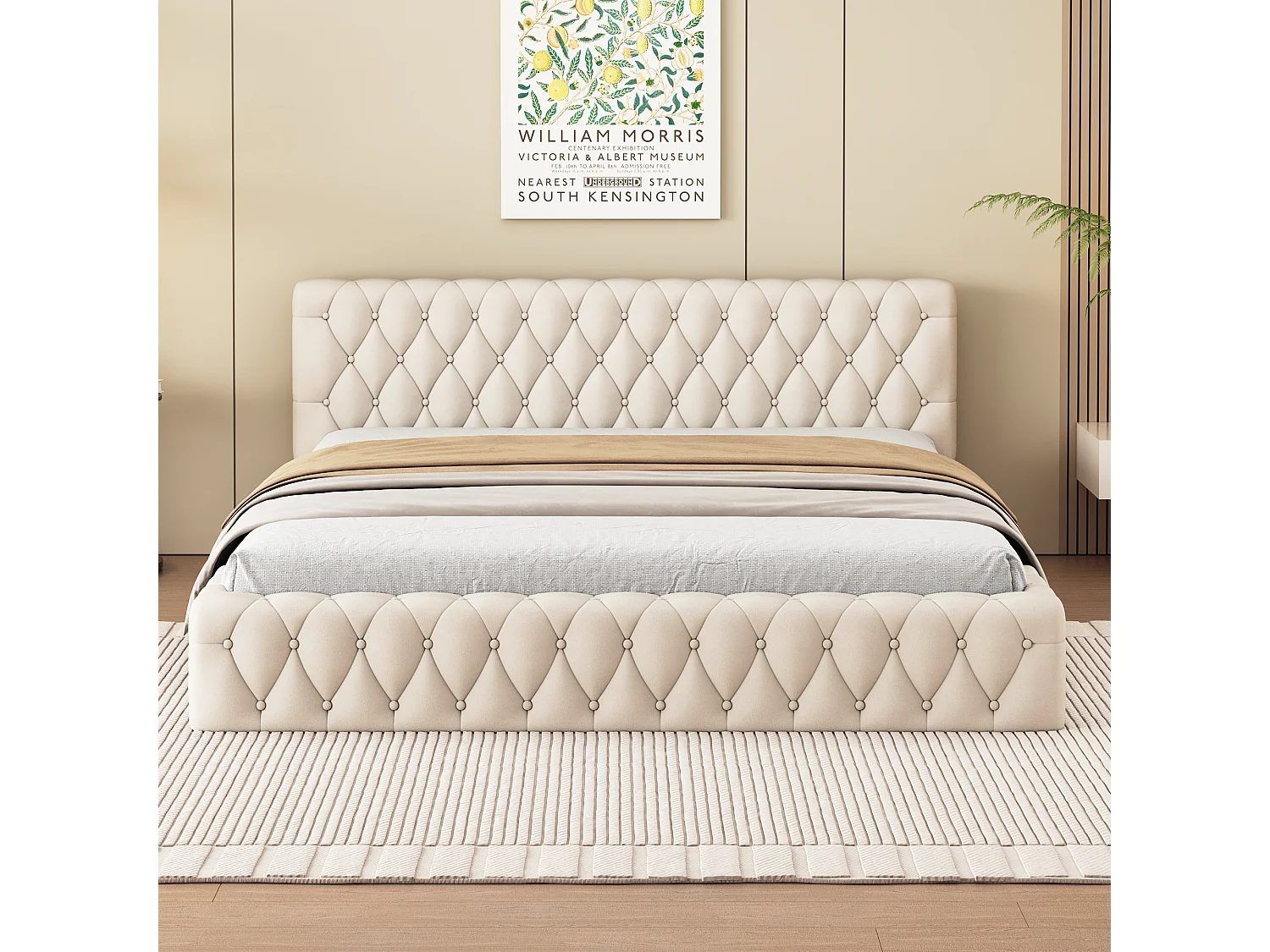 Lit double tapissé jeunesse 140x200 cm, velours beige, design élégant et confortable (216x152x61 cm)