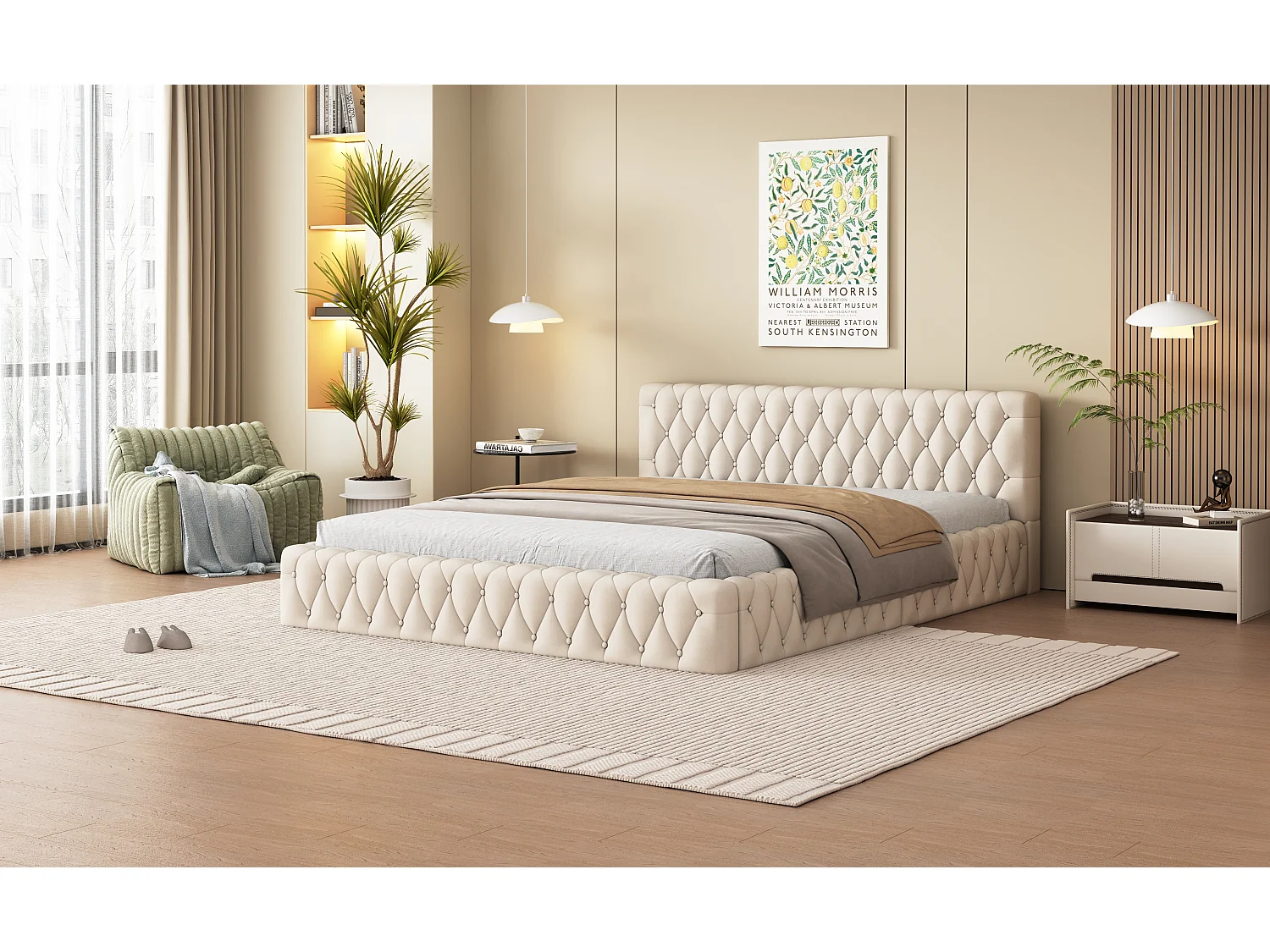 Lit double tapissé jeunesse 140x200 cm, velours beige, design élégant et confortable (216x152x61 cm)