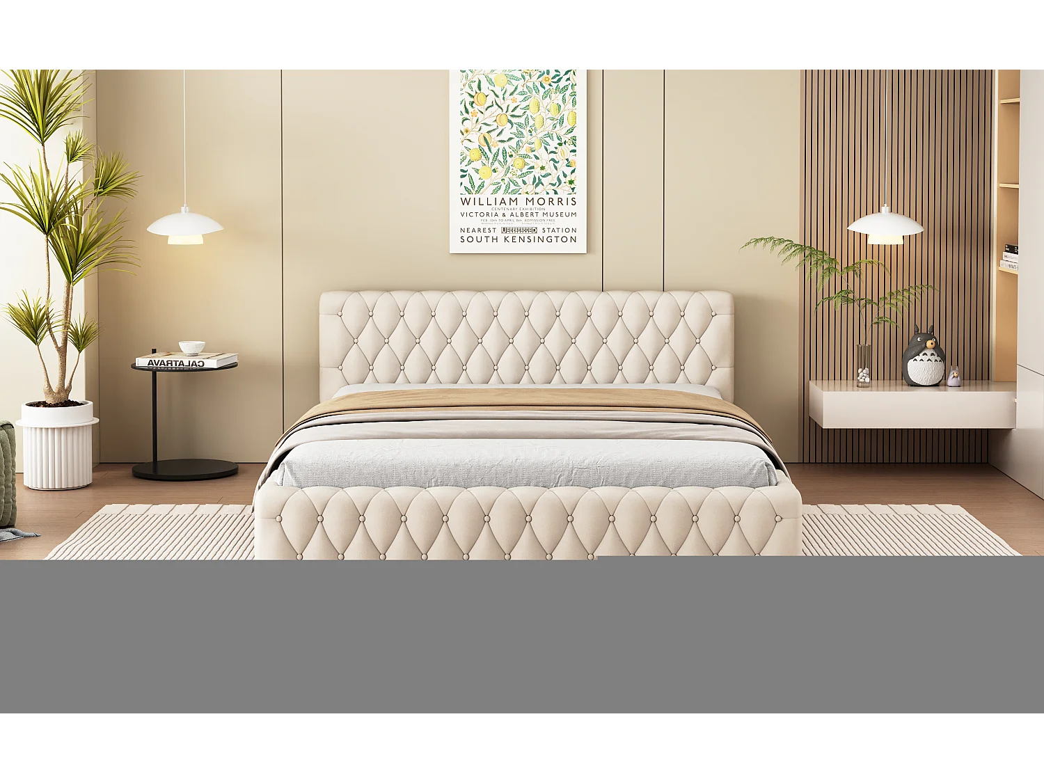 Lit double tapissé jeunesse 140x200 cm, velours beige, design élégant et confortable (216x152x61 cm)