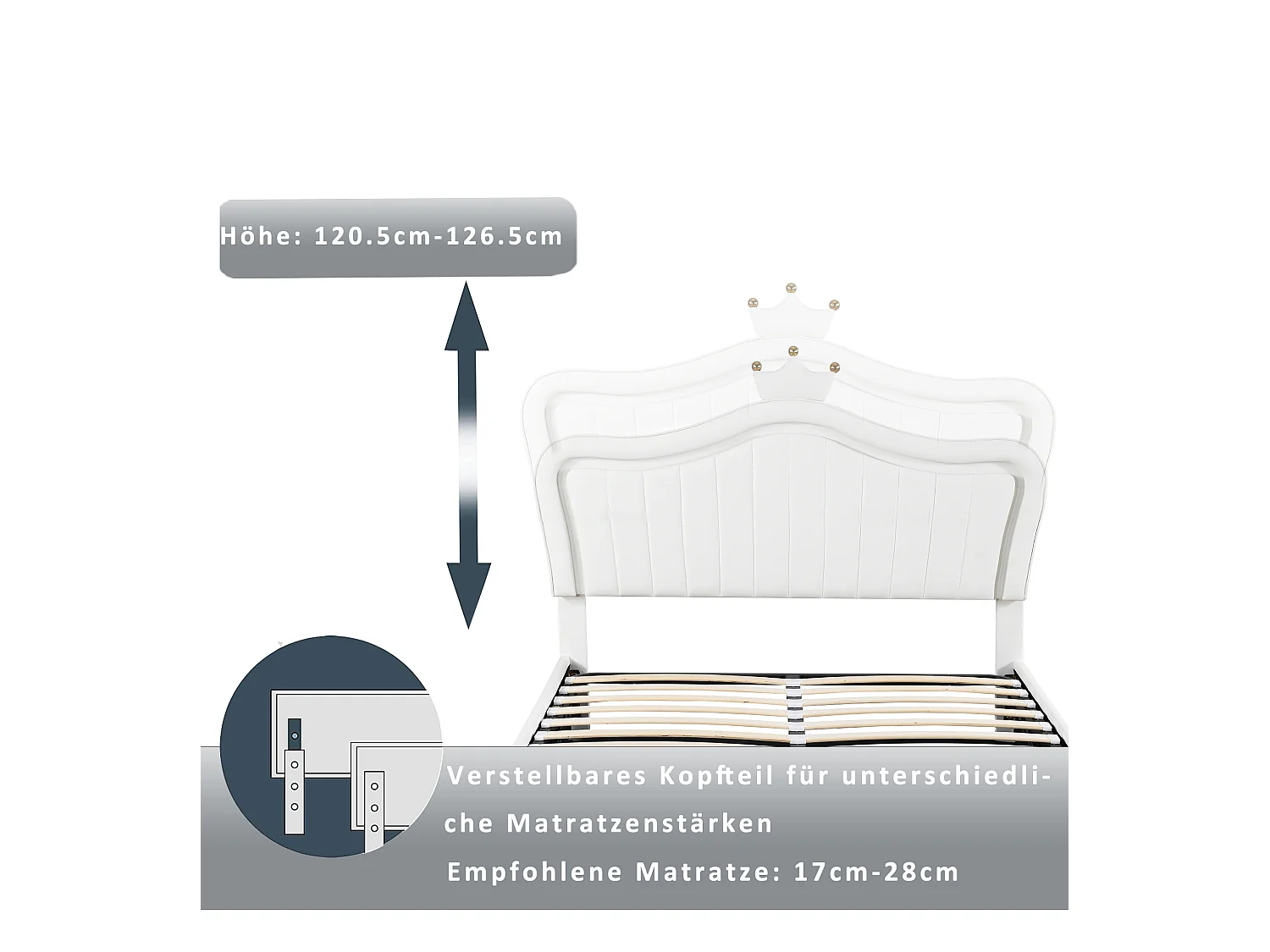 Lit enfant 140x200 cm avec coffre hydraulique, tête de lit couronnée, PU cuir blanc, LED intégrées, sommier à lattes (203.5x150x126.5 cm)