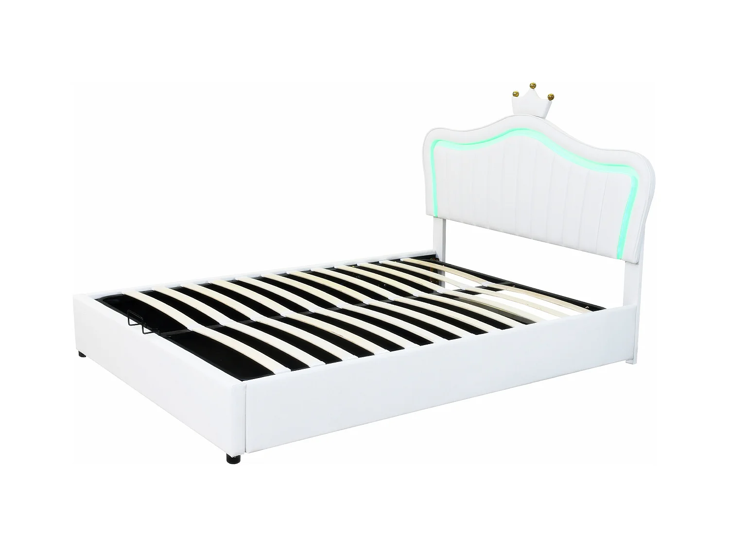 Lit enfant 140x200 cm avec coffre hydraulique, tête de lit couronnée, PU cuir blanc, LED intégrées, sommier à lattes (203.5x150x126.5 cm)