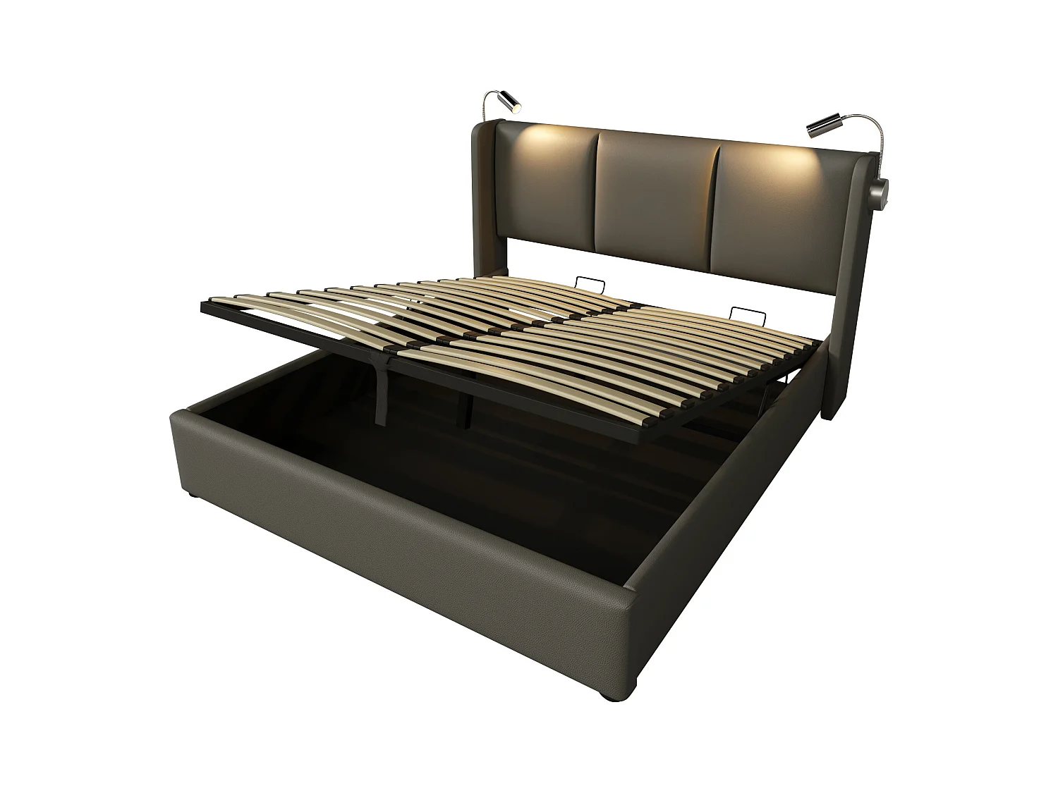 Lit double avec têtière réglable, cadre en PU, rangement sous le lit, 160x200 cm (dimensions : 206x165x107 cm)