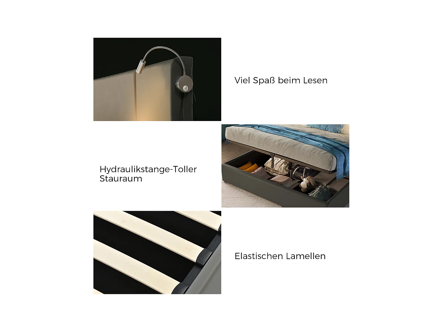 Lit double avec têtière réglable, cadre en PU, rangement sous le lit, 160x200 cm (dimensions : 206x165x107 cm)