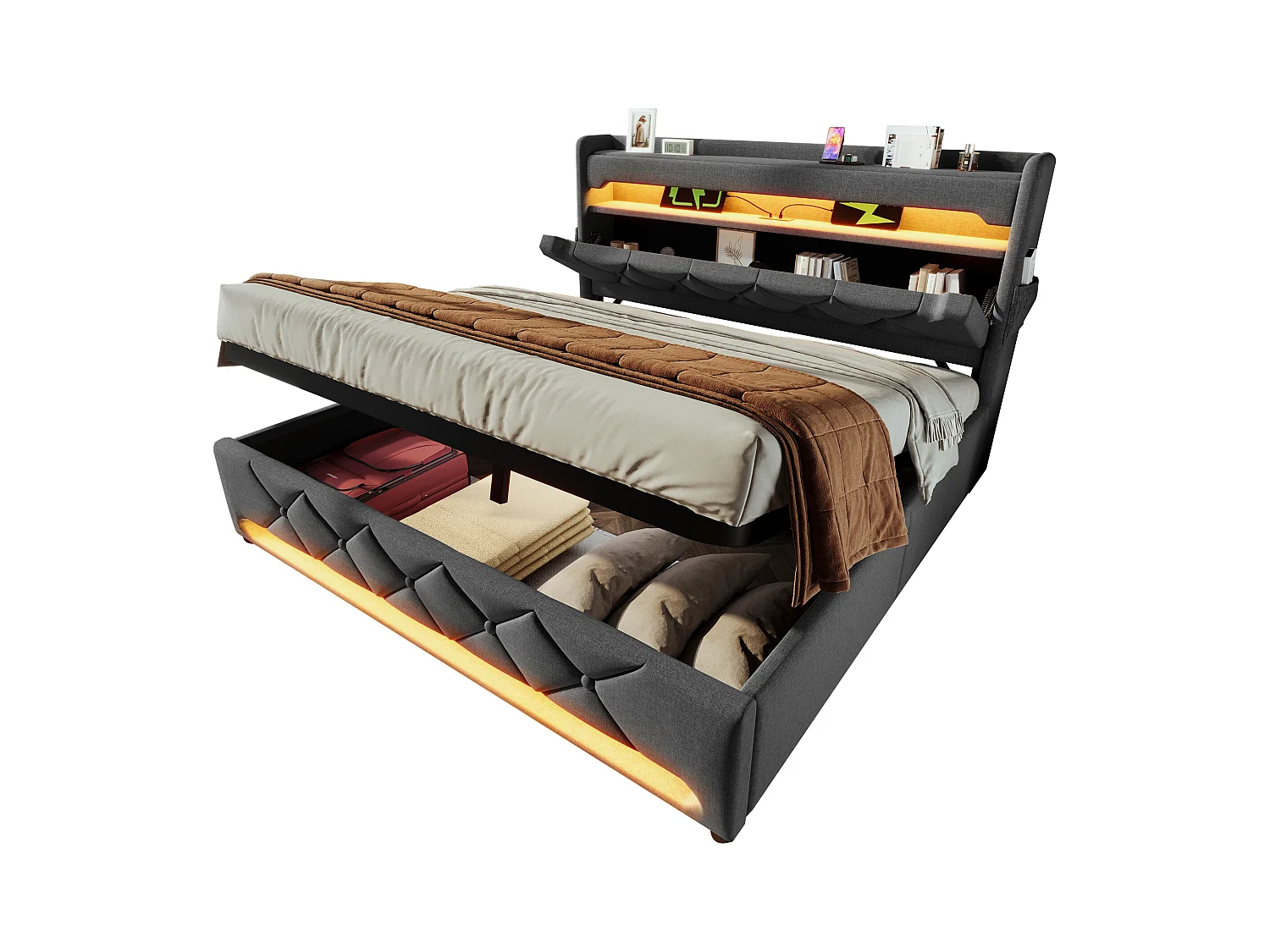 Tweepersoonsbed 160x200 cm, USB- en Type-C-opberghoofdeinde, 360° LED-verlichting rondom het bed, hydraulisch, grijs linnen (255x166x111 cm)