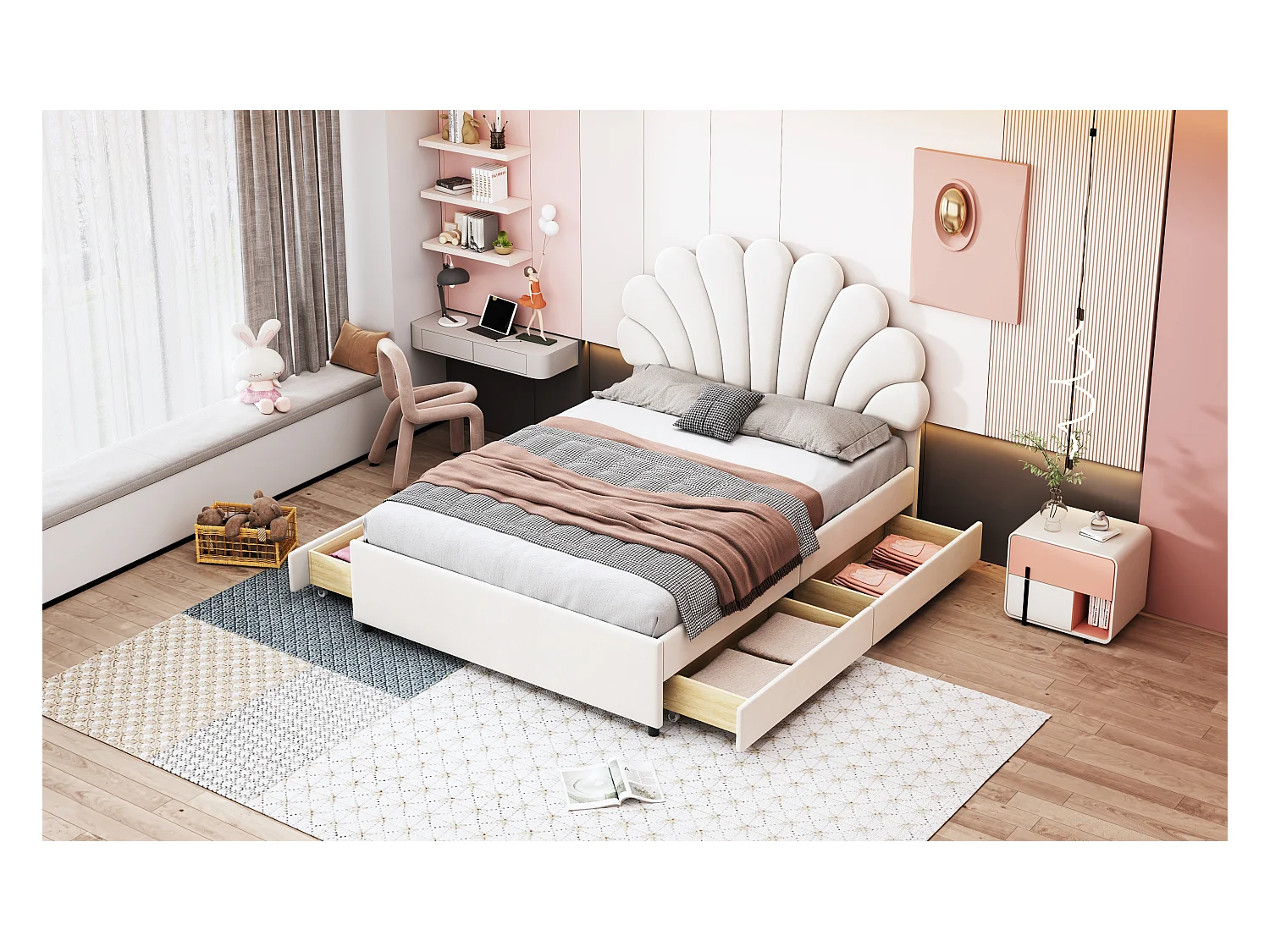 Lit double 140x200 cm, cadre rembourré avec tête en forme de fleur, tiroirs de rangement, velours beige (203x140x116 cm)