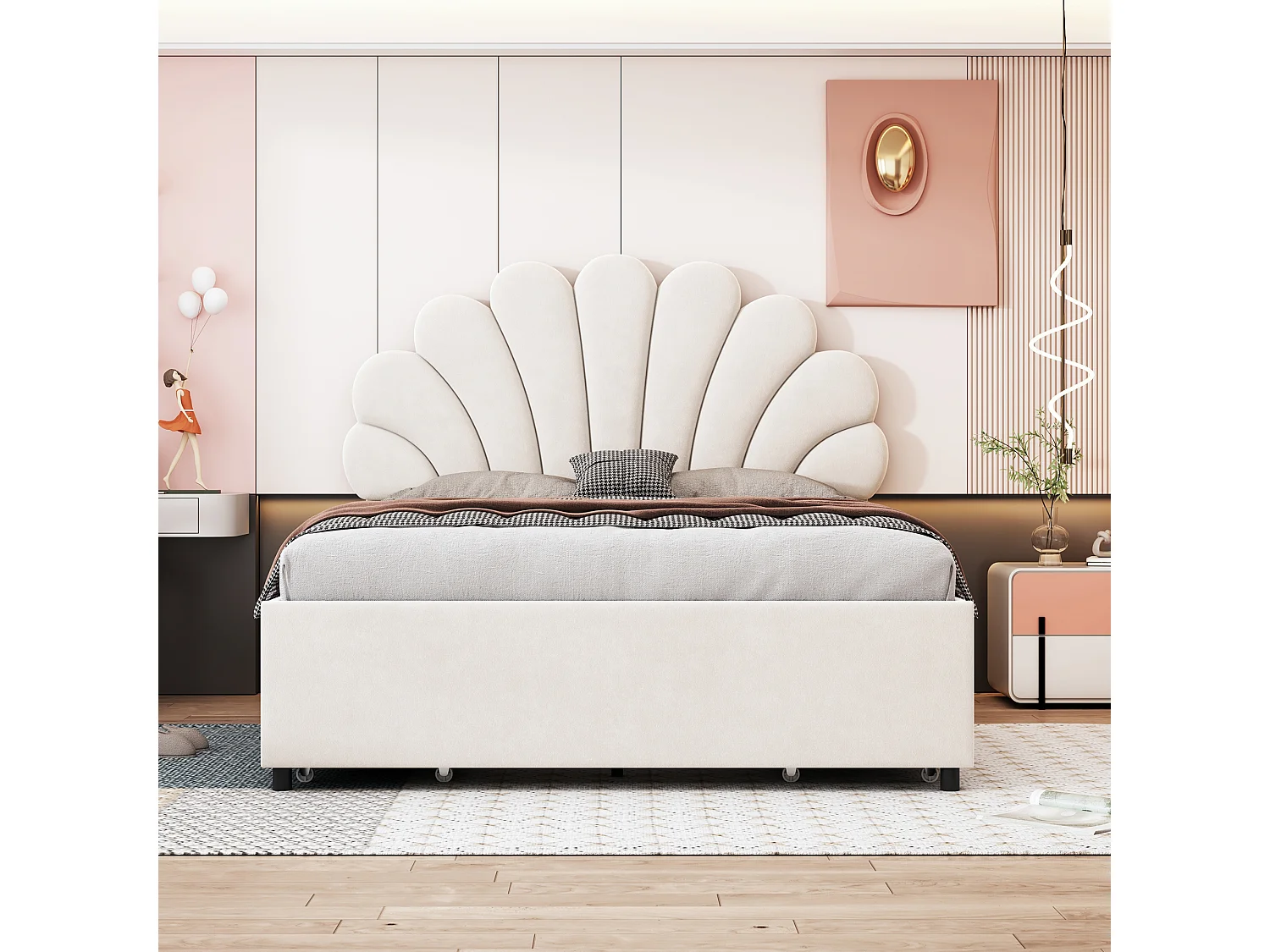 Tweepersoonsbed 140x200 cm, gestoffeerd frame met bloemvormig hoofdeinde, opberglades, beige fluweel (203x140x116 cm)