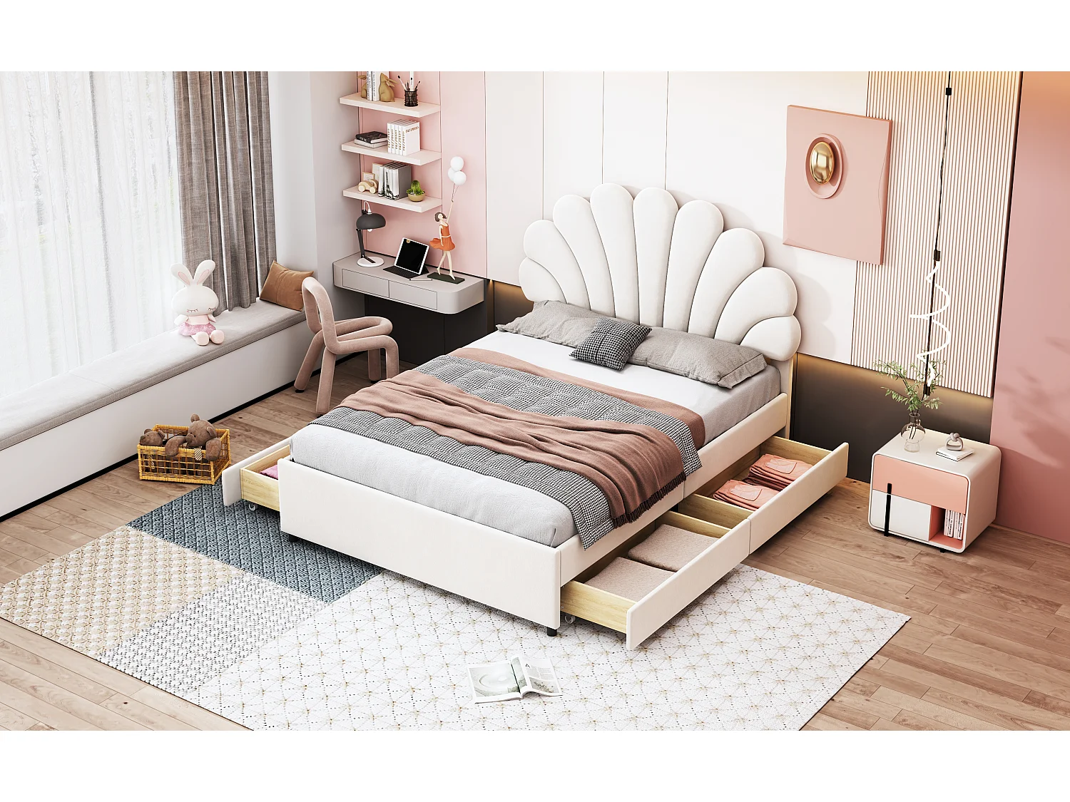 Tweepersoonsbed 140x200 cm, gestoffeerd frame met bloemvormig hoofdeinde, opberglades, beige fluweel (203x140x116 cm)