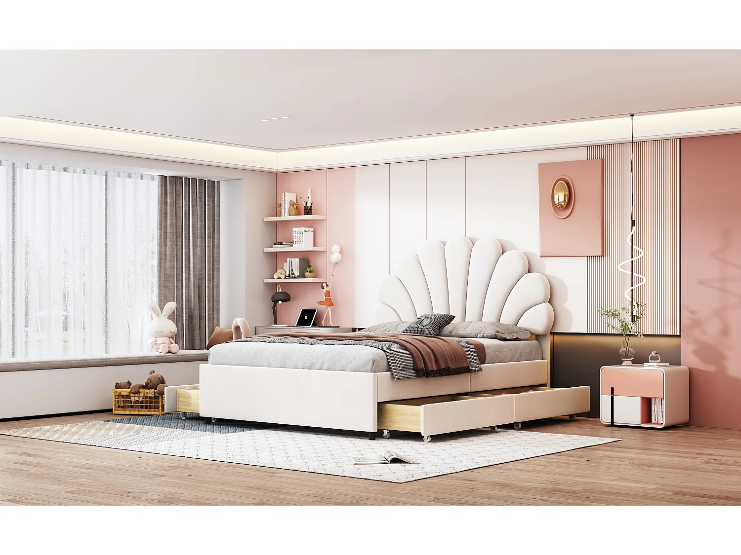 Tweepersoonsbed 140x200 cm, gestoffeerd frame met bloemvormig hoofdeinde, opberglades, beige fluweel (203x140x116 cm)