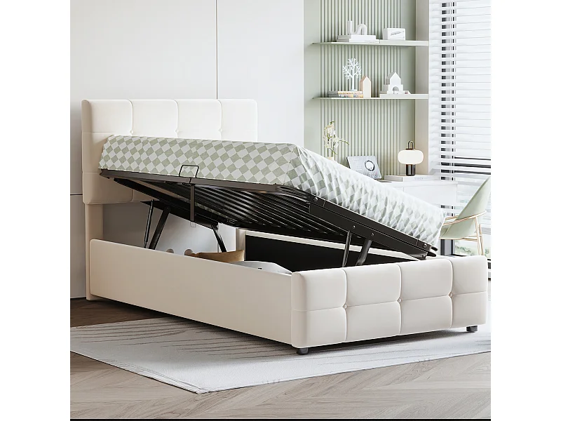 Cama infantil 90x200 cm, Cama con canapé hidráulico, Cabecero regulable, Cama de terciopelo, Beige (203x90x105 cm)