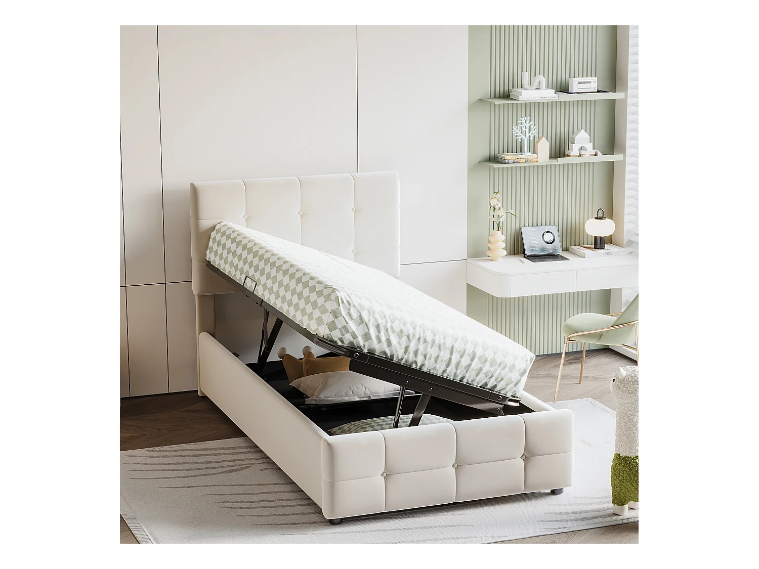 Cama infantil 90x200 cm, Cama con canapé hidráulico, Cabecero regulable, Cama de terciopelo, Beige (203x90x105 cm)