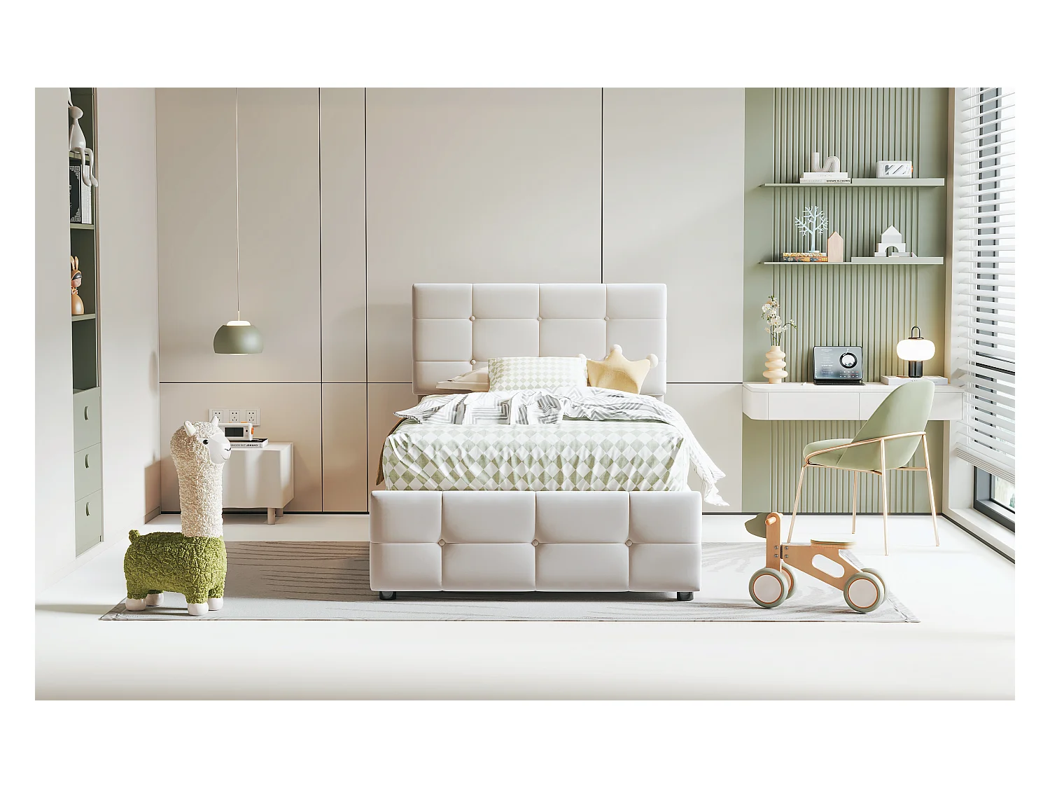 Cama infantil 90x200 cm, Cama con canapé hidráulico, Cabecero regulable, Cama de terciopelo, Beige (203x90x105 cm)