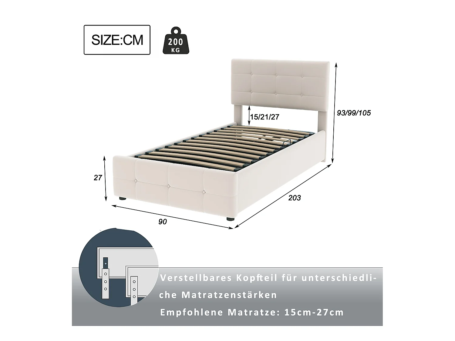 Cama infantil 90x200 cm, Cama con canapé hidráulico, Cabecero regulable, Cama de terciopelo, Beige (203x90x105 cm)