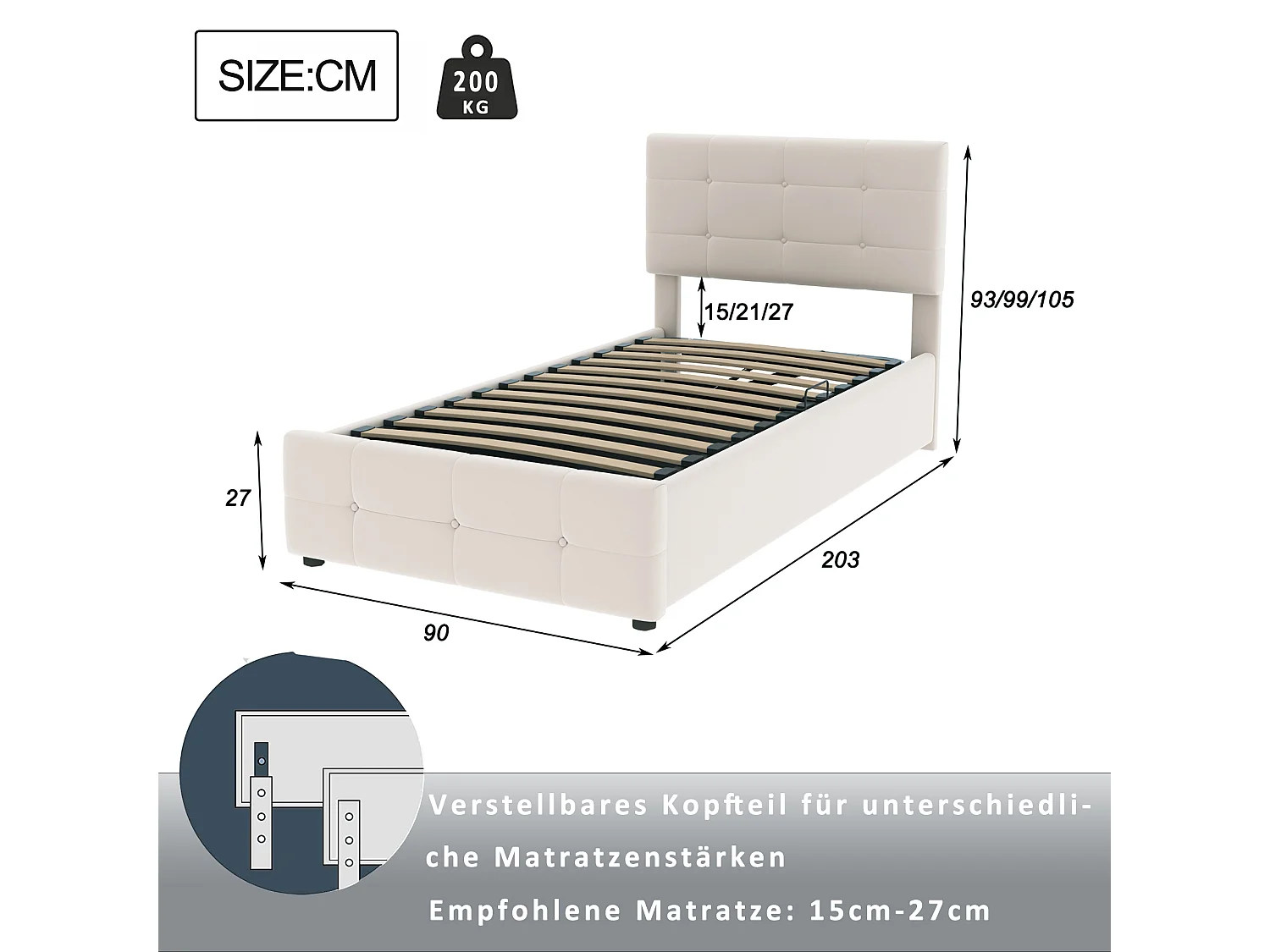 Lit pour enfant 90x200 cm, Lit avec espace de rangement hydraulique, Tête de lit réglable, Lit en velours, Beige (203x90x105 cm)