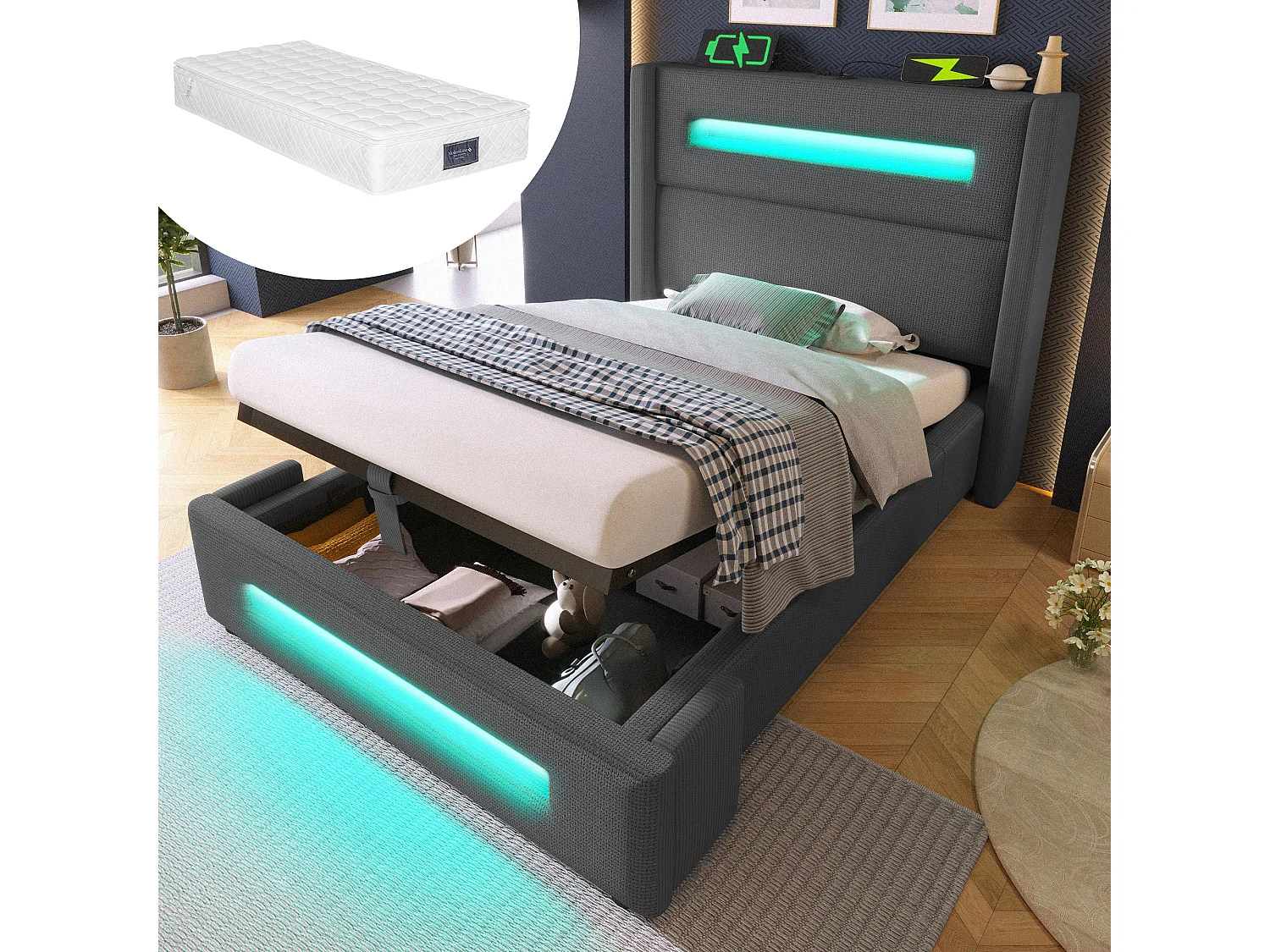 Letto 90x200 cm con LED, vano contenitore idraulico e ricarica USB Type-C, struttura in metallo con doghe in legno, lino grigio (219x105x121 cm)