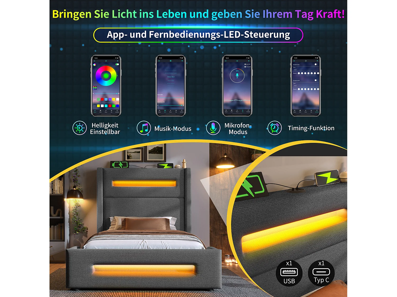 Letto 90x200 cm con LED, vano contenitore idraulico e ricarica USB Type-C, struttura in metallo con doghe in legno, lino grigio (219x105x121 cm)