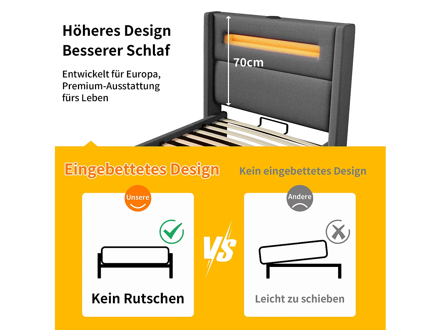 Letto 90x200 cm con LED, vano contenitore idraulico e ricarica USB Type-C, struttura in metallo con doghe in legno, lino grigio (219x105x121 cm)