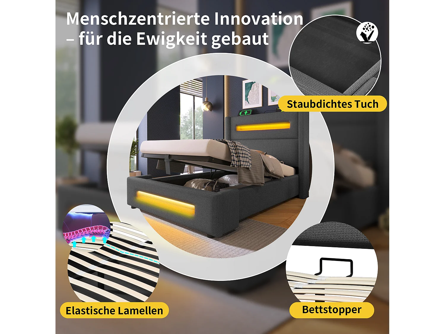 Letto 90x200 cm con LED, vano contenitore idraulico e ricarica USB Type-C, struttura in metallo con doghe in legno, lino grigio (219x105x121 cm)