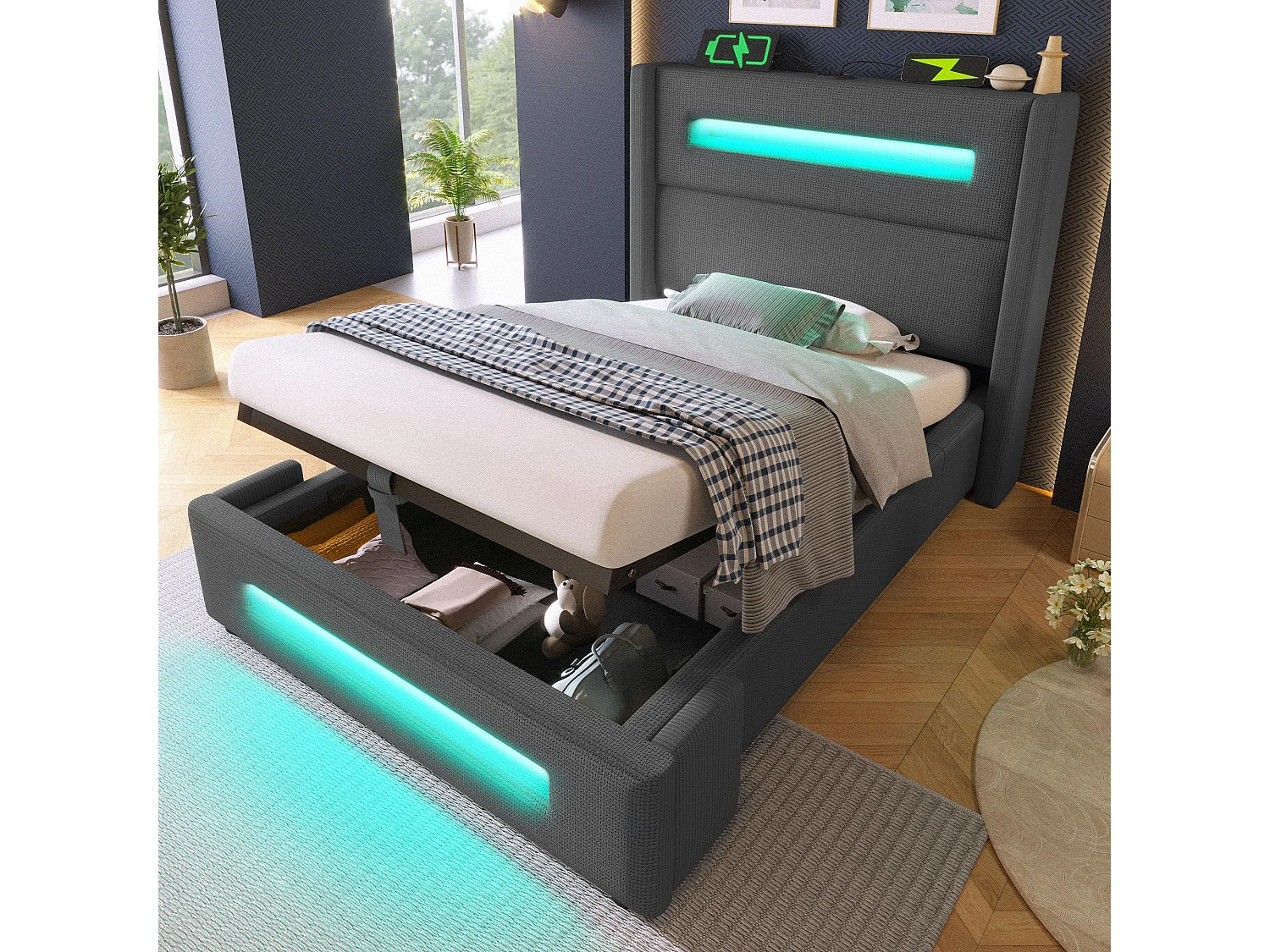 Letto 90x200 cm con LED, vano contenitore idraulico e ricarica USB Type-C, struttura in metallo con doghe in legno, lino grigio (219x105x121 cm)