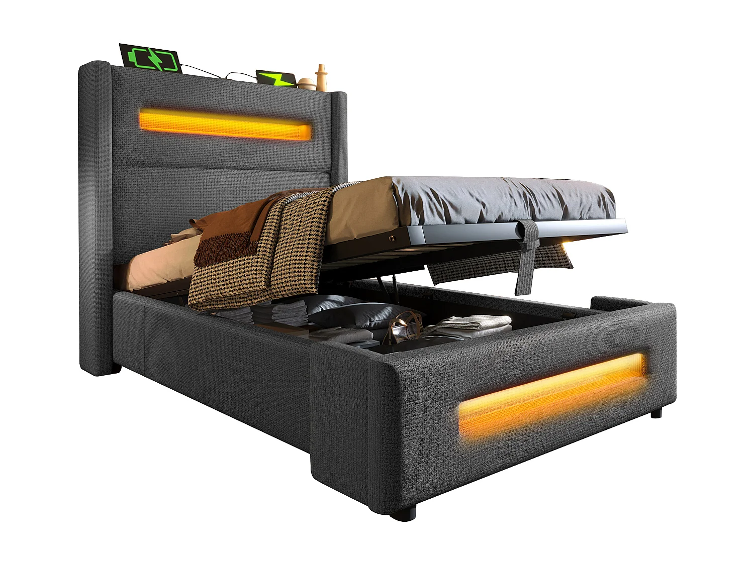 Letto 90x200 cm con LED, vano contenitore idraulico e ricarica USB Type-C, struttura in metallo con doghe in legno, lino grigio (219x105x121 cm)