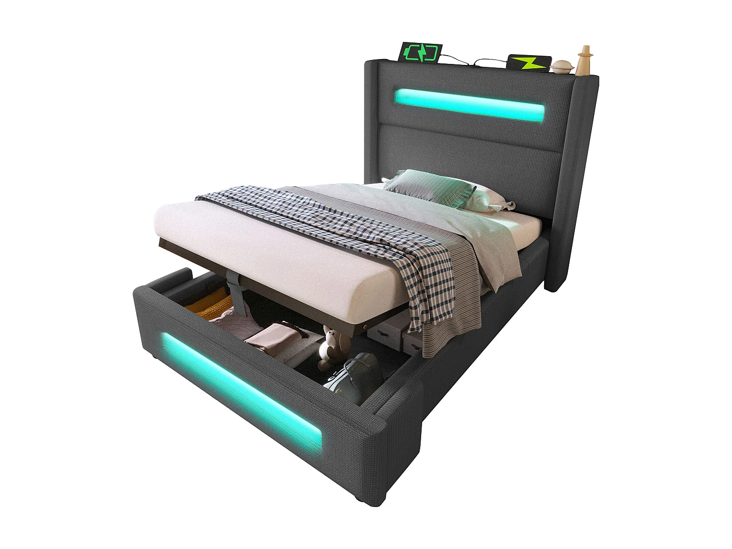 Letto 90x200 cm con LED, vano contenitore idraulico e ricarica USB Type-C, struttura in metallo con doghe in legno, lino grigio (219x105x121 cm)