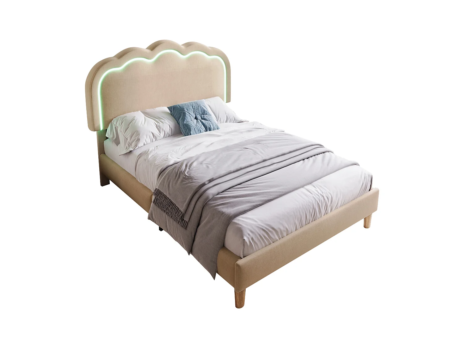 Letto singolo a LED con base, testiera regolabile, lino beige, struttura letto per camera da letto (101x207x109 cm)