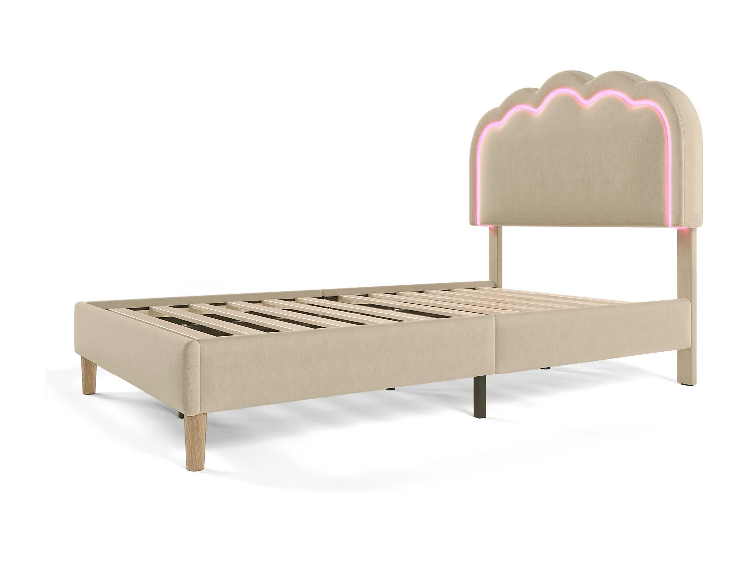 Lit simple LED avec sommier, tête de lit réglable, lin beige, cadre de lit pour chambre (101x207x109cm)