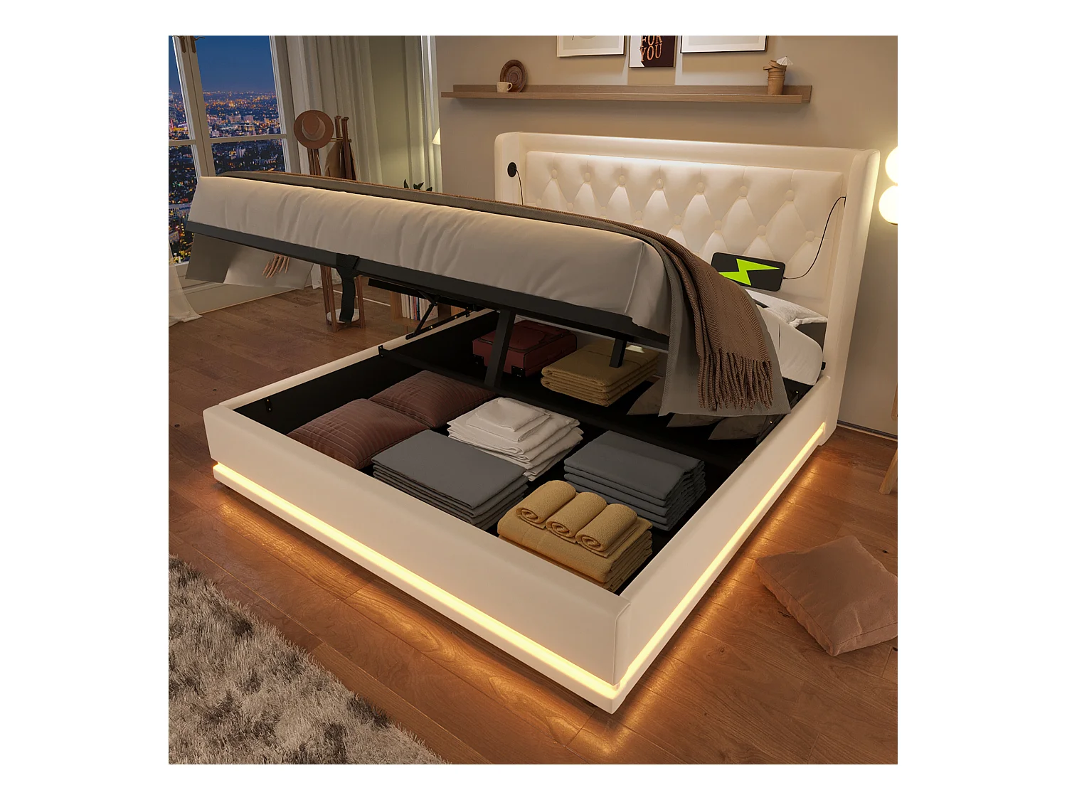 Lit double avec LED 3 côtés, hydraulique et rangement, tête de lit avec USB-C, PU blanc, 140x200 cm