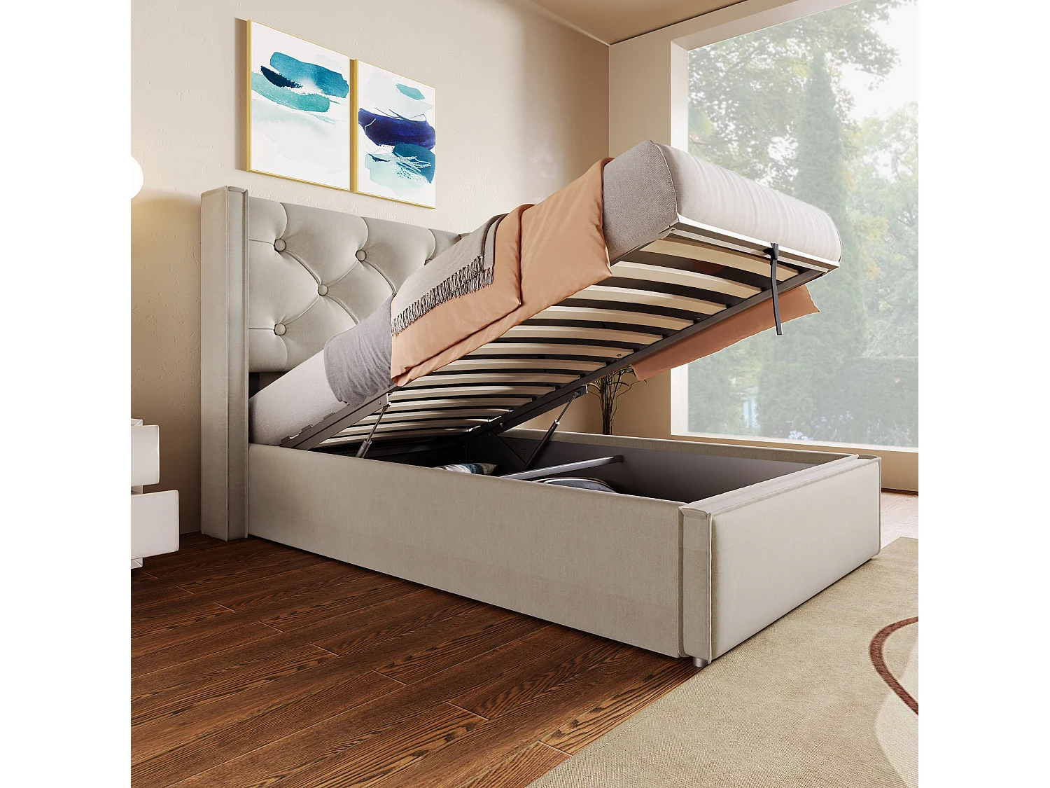 Eenpersoonsbed met hydraulische opbergruimte, modern lichtgrijs katoenen frame (203x101x110cm)