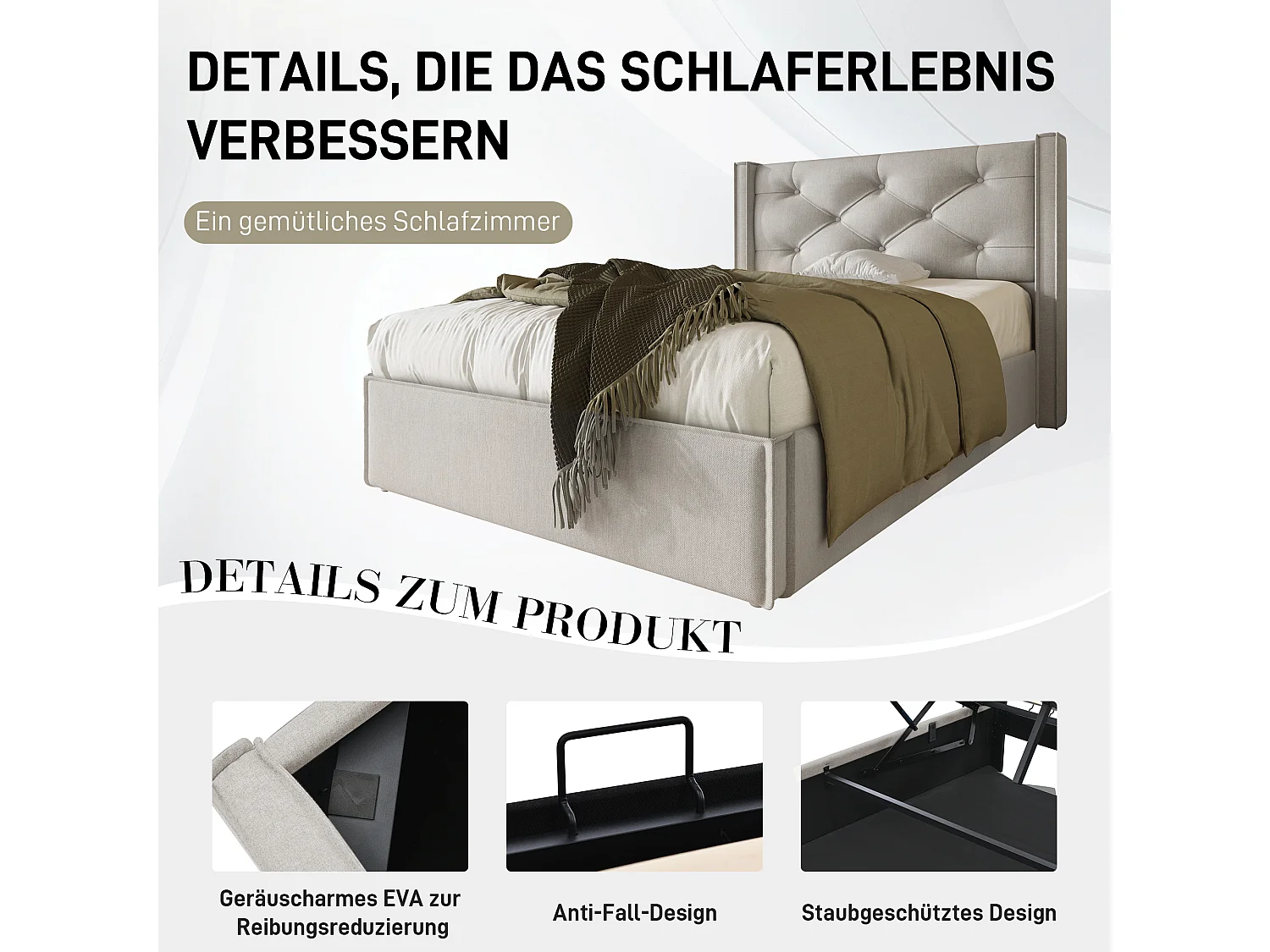 Eenpersoonsbed met hydraulische opbergruimte, modern lichtgrijs katoenen frame (203x101x110cm)