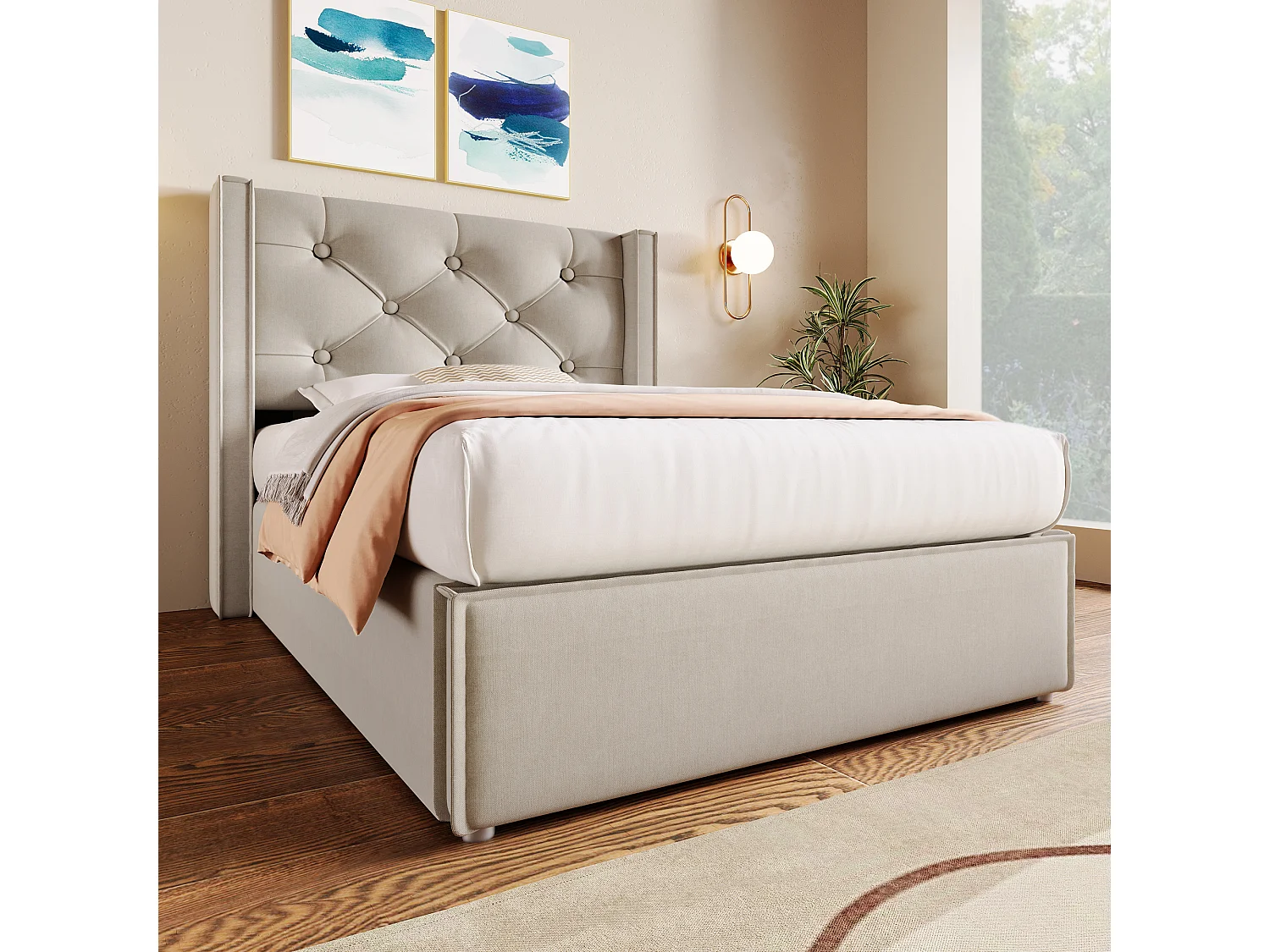 Eenpersoonsbed met hydraulische opbergruimte, modern lichtgrijs katoenen frame (203x101x110cm)