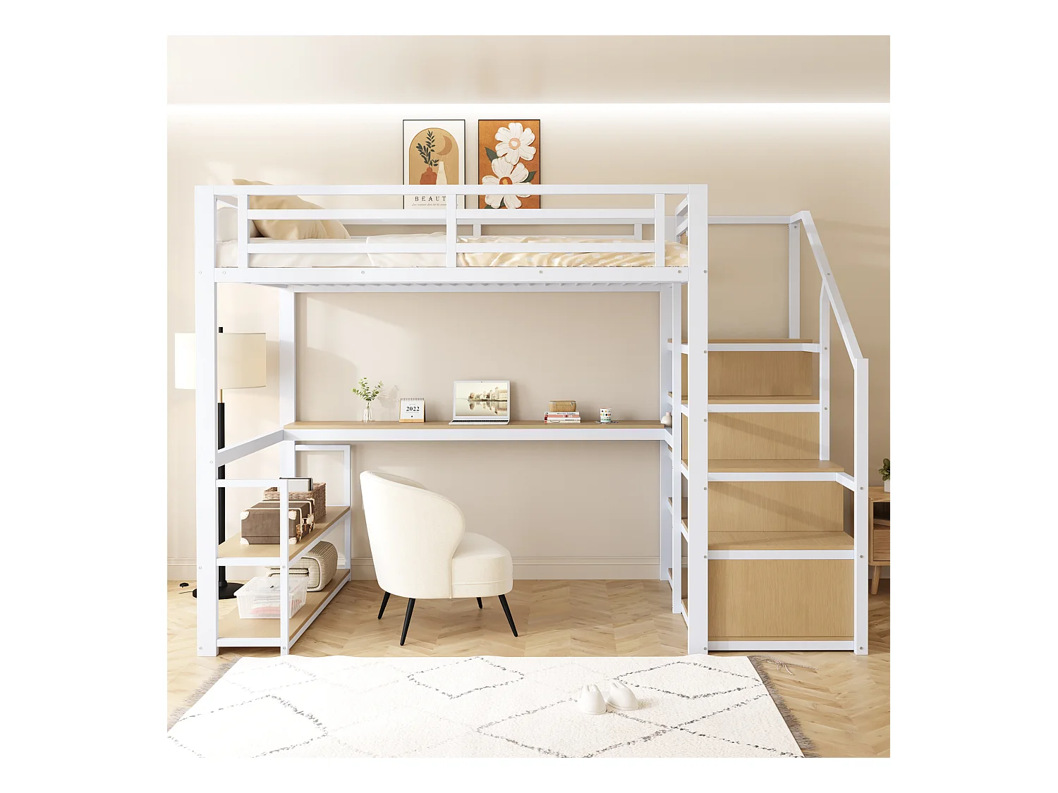 Lit Mezzanine 140x200 cm, avec échelle de sécurité, rangement intégré, table et étagères, cadre en métal, blanc (255x145x175 cm)