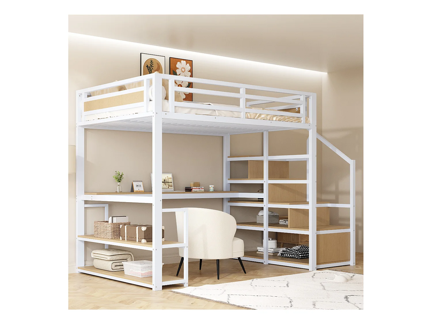 Lit Mezzanine 140x200 cm, avec échelle de sécurité, rangement intégré, table et étagères, cadre en métal, blanc (255x145x175 cm)