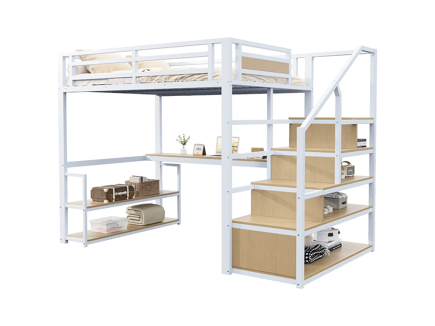 Lit Mezzanine 140x200 cm, avec échelle de sécurité, rangement intégré, table et étagères, cadre en métal, blanc (255x145x175 cm)