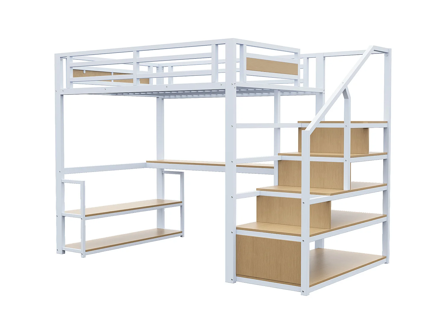 Lit Mezzanine 140x200 cm, avec échelle de sécurité, rangement intégré, table et étagères, cadre en métal, blanc (255x145x175 cm)