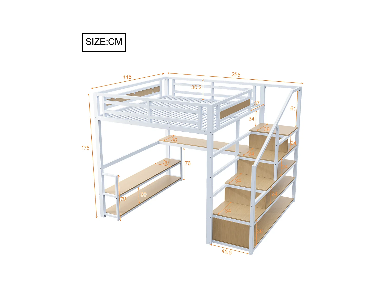 Lit Mezzanine 140x200 cm, avec échelle de sécurité, rangement intégré, table et étagères, cadre en métal, blanc (255x145x175 cm)
