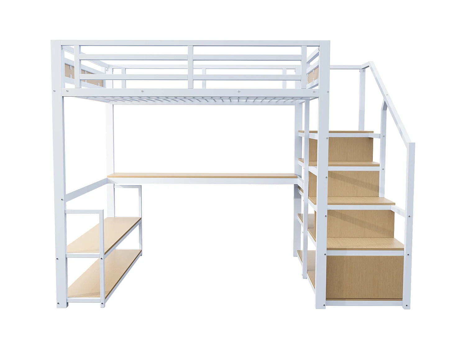 Lit Mezzanine 140x200 cm, avec échelle de sécurité, rangement intégré, table et étagères, cadre en métal, blanc (255x145x175 cm)
