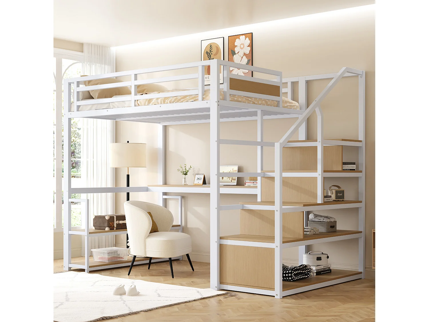 Lit Mezzanine 140x200 cm, avec échelle de sécurité, rangement intégré, table et étagères, cadre en métal, blanc (255x145x175 cm)