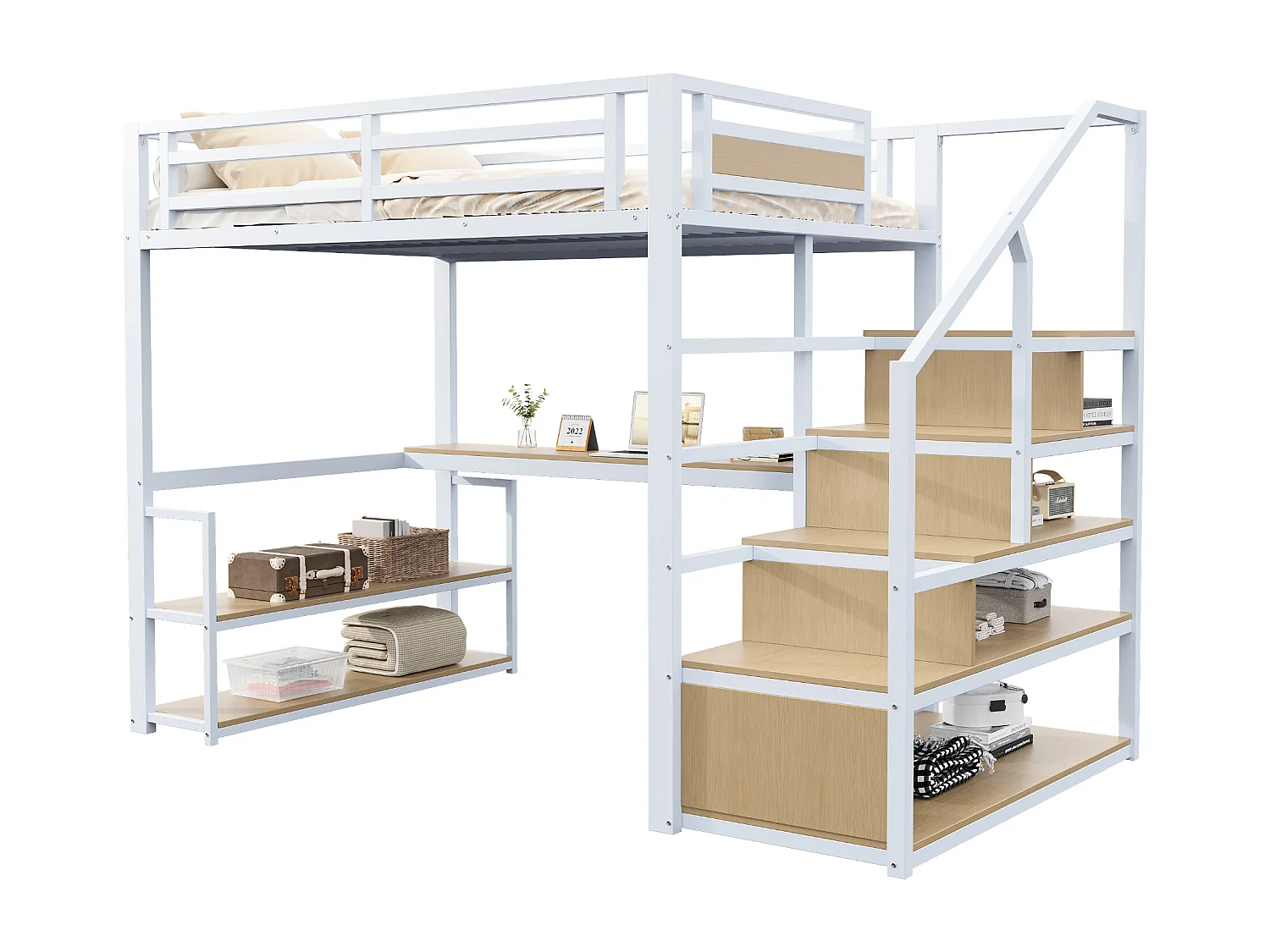 Lit Mezzanine 140x200 cm, avec échelle de sécurité, rangement intégré, table et étagères, cadre en métal, blanc (255x145x175 cm)