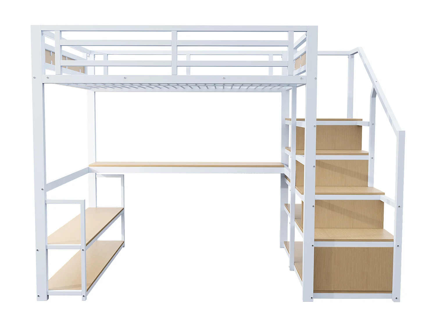 Lit Mezzanine 140x200 cm, avec échelle de sécurité, rangement intégré, table et étagères, cadre en métal, blanc (255x145x175 cm)