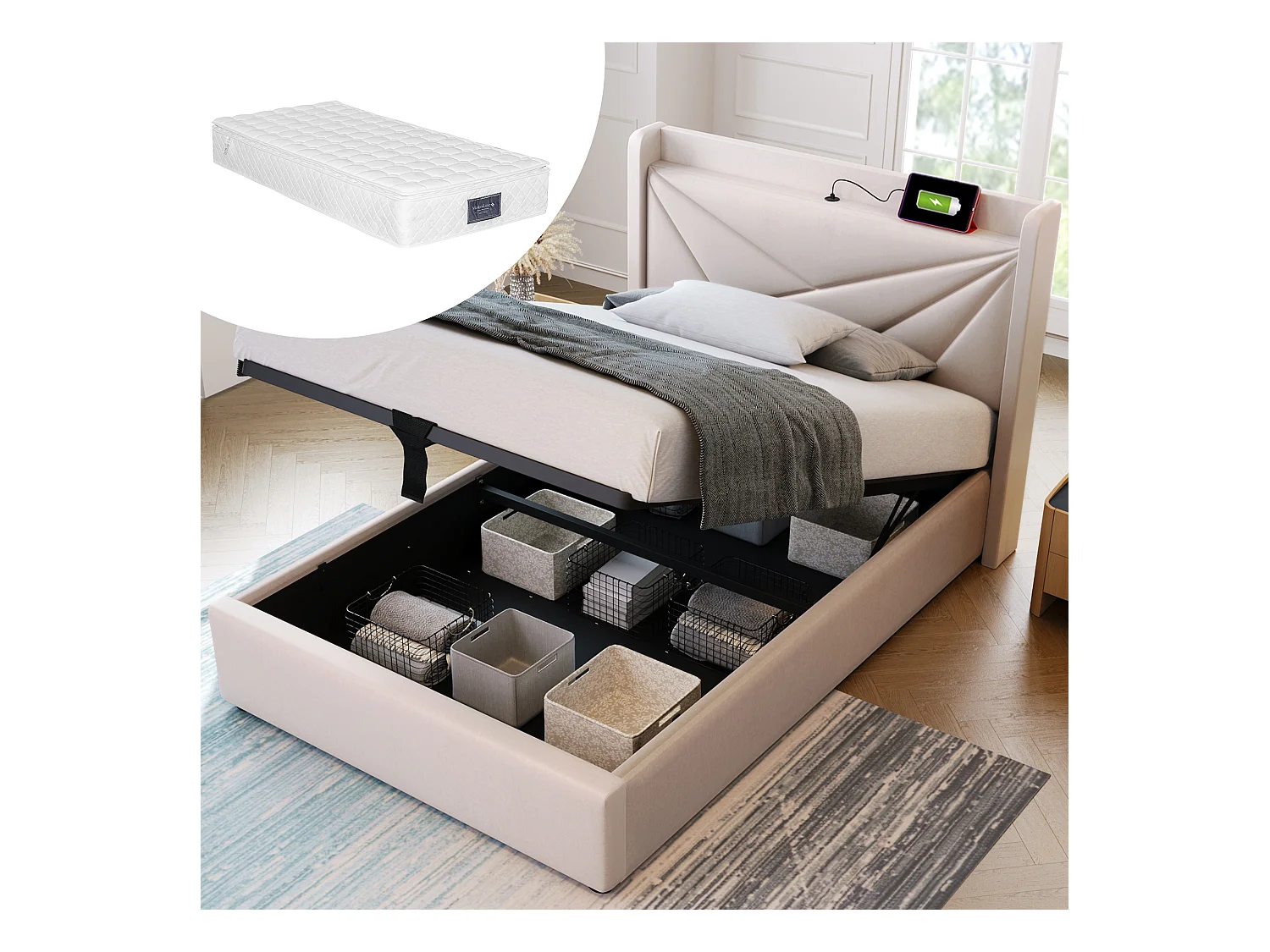 Lit tapissé coffre avec recharge USB Type-C, coton-lin, beige (96x208x107cm)