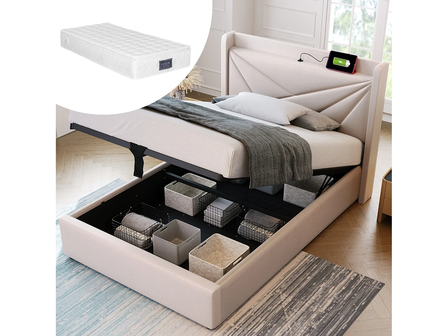 Gestoffeerd opbergbed met USB Type-C-oplader, katoen-linnen, beige (96x208x107cm)