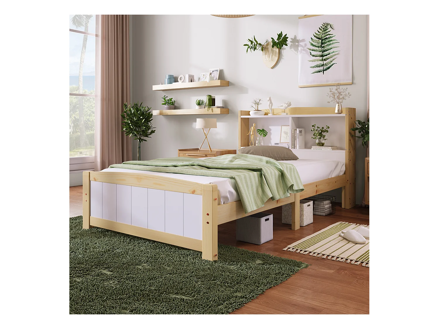 Lit simple avec rangement tête de lit, bois massif, beige et naturel (98x220x95cm)