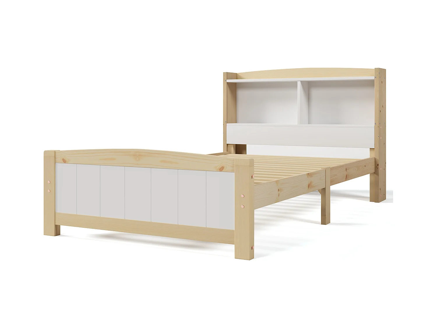 Lit simple avec rangement tête de lit, bois massif, beige et naturel (98x220x95cm)