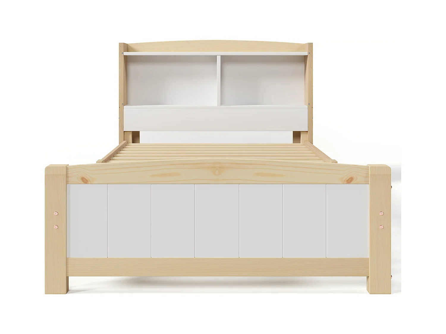 Lit simple avec rangement tête de lit, bois massif, beige et naturel (98x220x95cm)