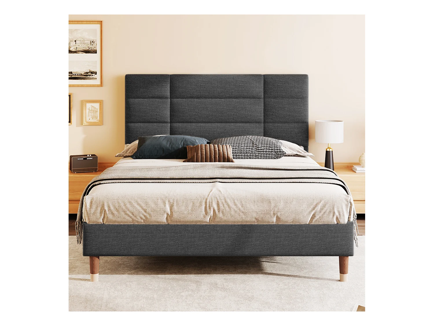 Gestoffeerd tweepersoonsbed met lattenbodem, gewatteerd hoofdeinde, donkergrijs linnen, massief houten frame (141x209x101cm)